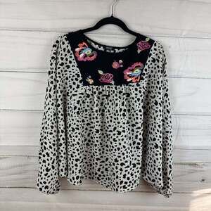 Oddi  Ditzy Dot Print Top with Floral Embroidery in Taupe. Size S/M